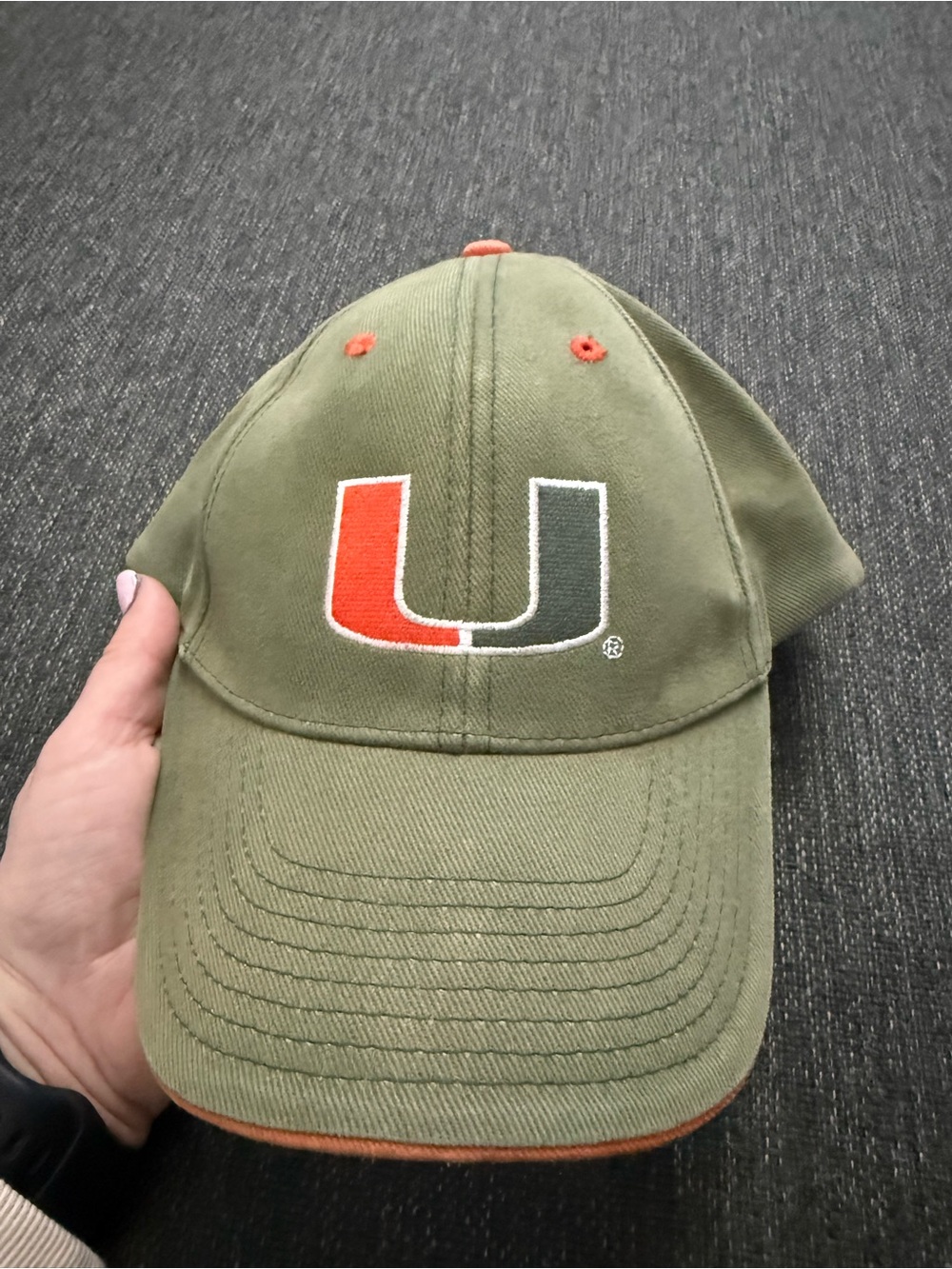 Vintage University of Miami Olive Baseball Cap Orange & Green U Logo